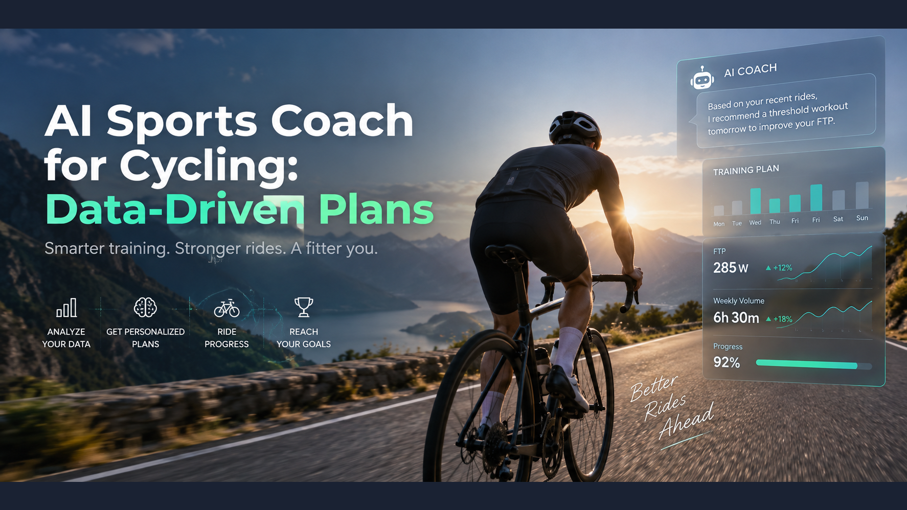 Working hero image — cyclist riding at sunset with a translucent training dashboard overlay. To be replaced with a coach and athlete reviewing ride data together.
