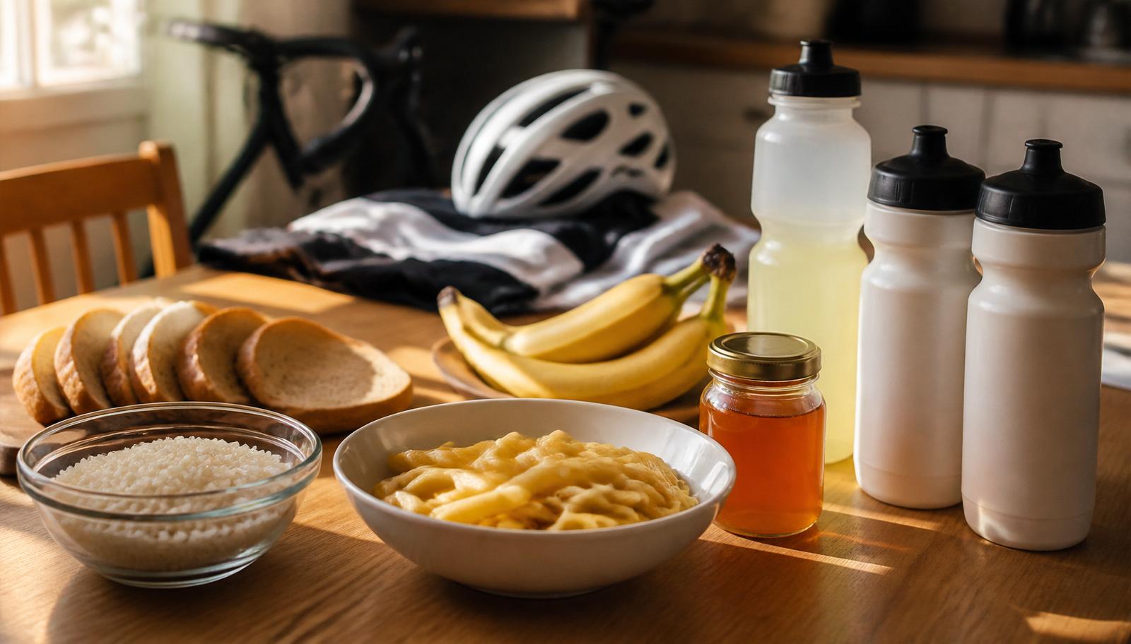 Carb loading for cycling with carbohydrate-rich foods and race nutrition prepared before a bike race