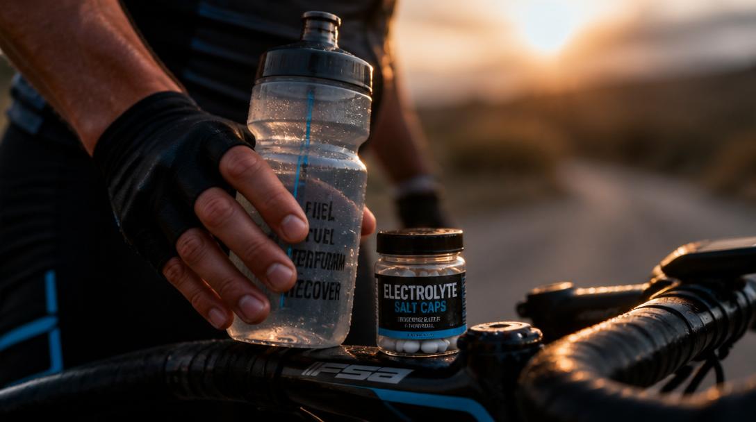 Cyclist holding a water bottle and electrolyte capsules on a road bike handlebar during a long ride
