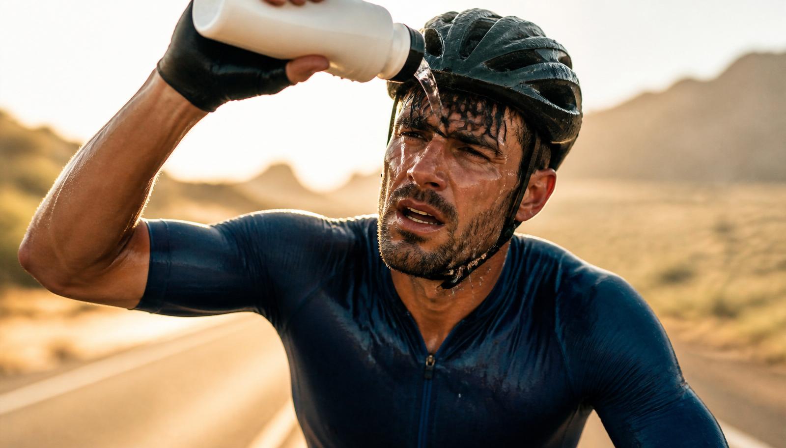 Cyclist pouring water over his head on a hot day, jersey soaked with sweat