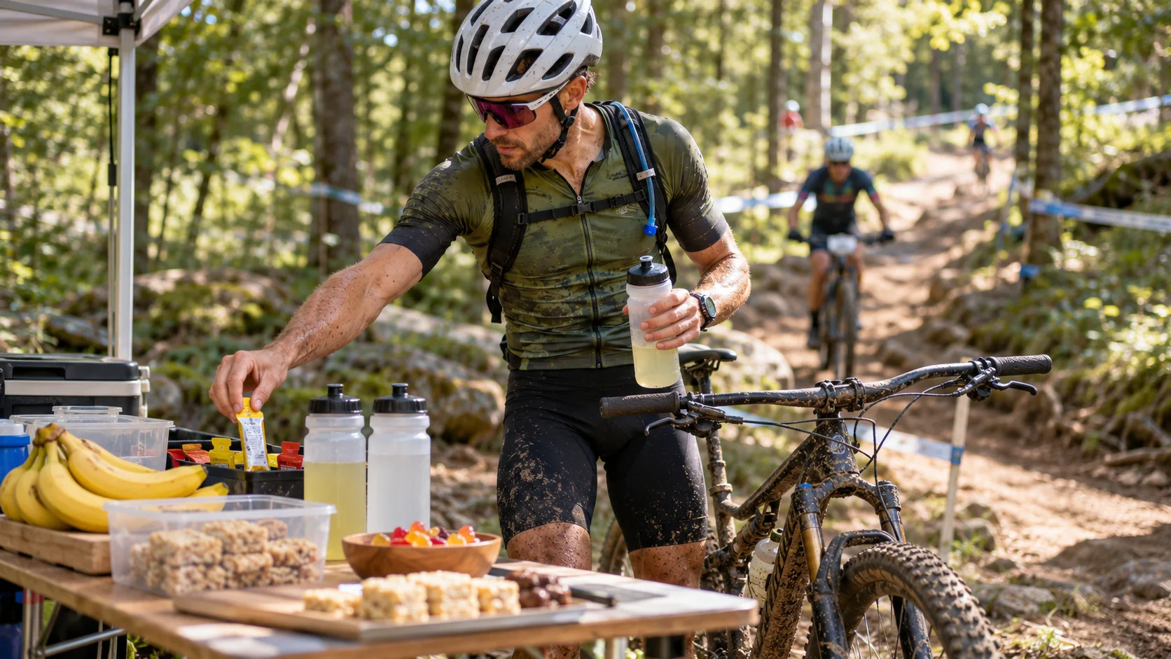 Mountain biker grabbing a gel and electrolyte bottle from an organized race pit between laps